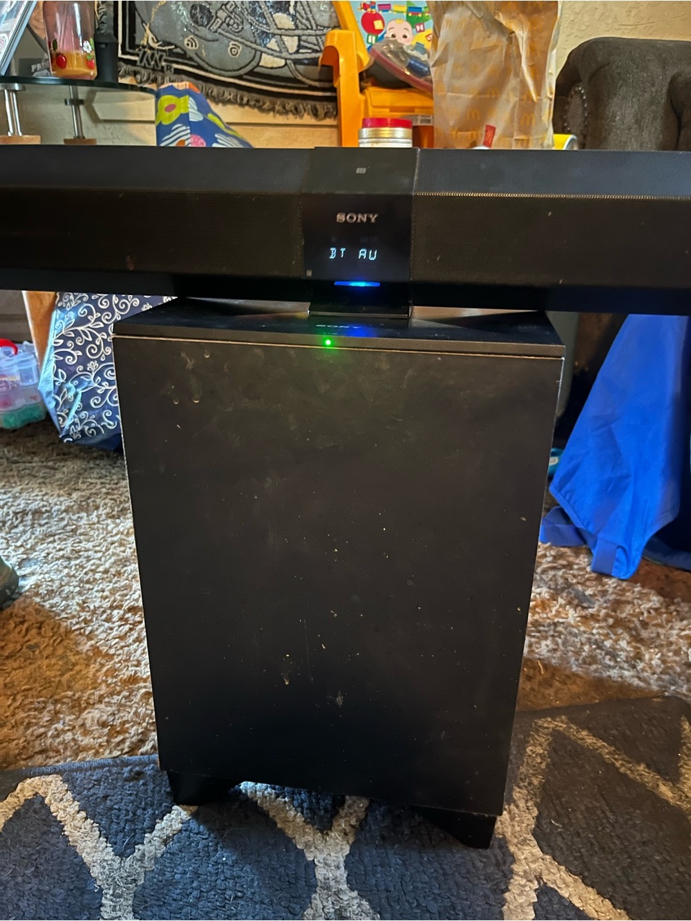 Sony Black Soundbar with Black Subwoofer and Blue LED